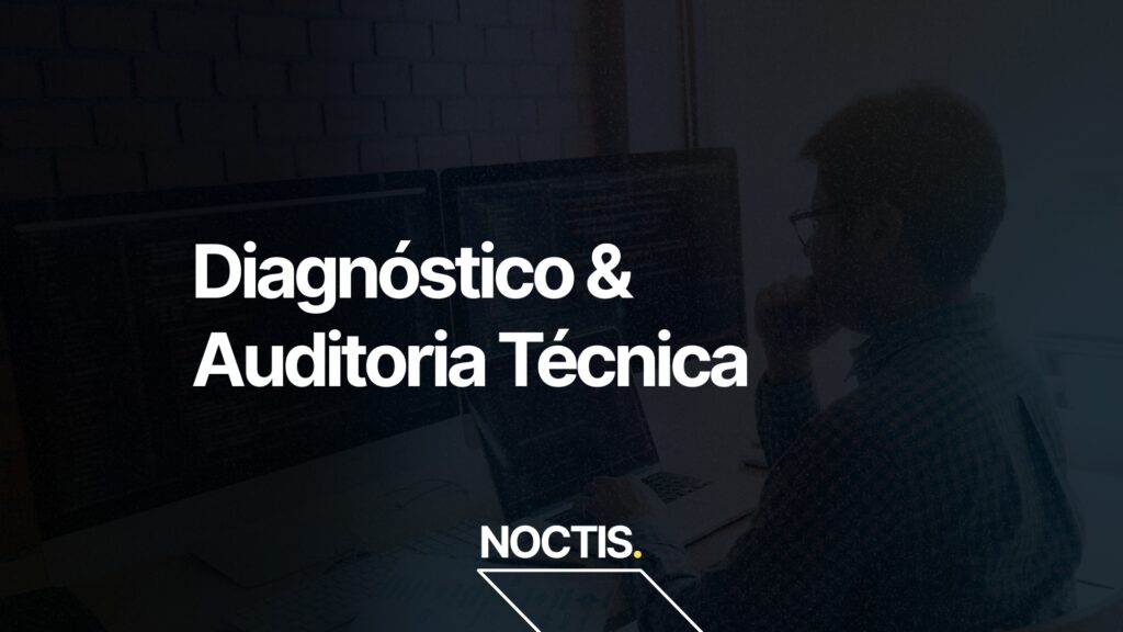 Banner de diagnóstico e auditoria com uma pessoa ao fundo olhando computador